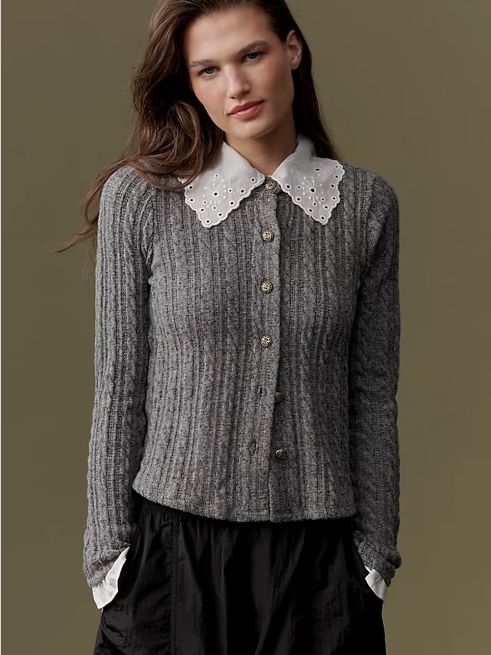 Anthropologie Maeve Gray Ribbed Button-Front Sweater with White Eyelet Collar